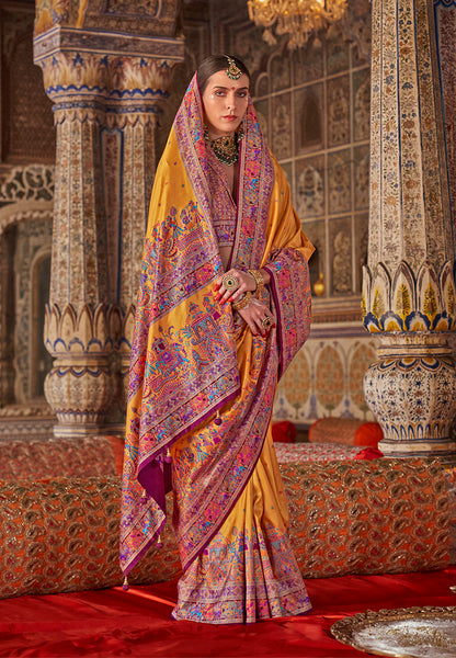 Monjolika Fashion Mustard Printed Silk Blend Embellished Saree