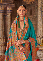 Thumbnail for Monjolika Fashion Turquoise Printed Silk Blend Embellished Saree