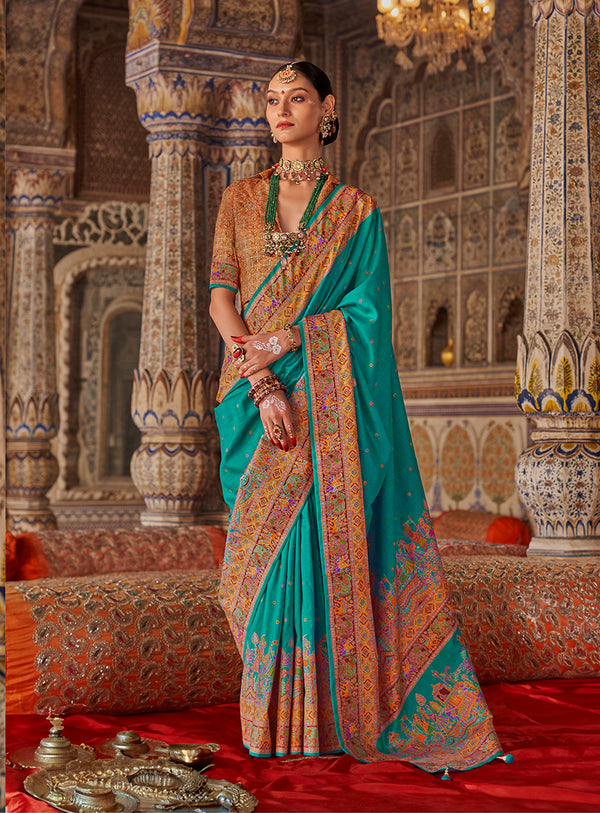 Monjolika Fashion Turquoise Printed Silk Blend Embellished Saree