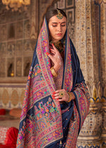 Thumbnail for Monjolika Fashion Navy Blue Printed Silk Blend Embellished Saree