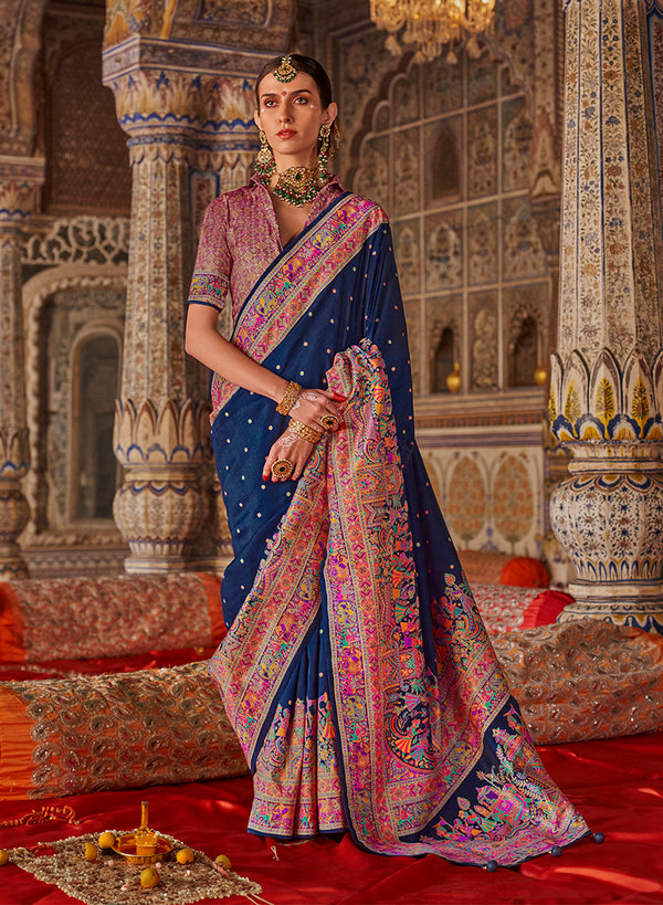 Monjolika Fashion Navy Blue Printed Silk Blend Embellished Saree