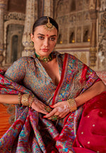 Thumbnail for Monjolika Fashion Crimson Red Printed Silk Blend Embellished Saree