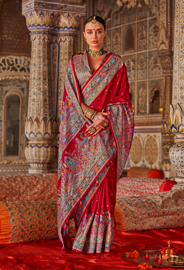 Monjolika Fashion Crimson Red Printed Silk Blend Embellished Saree