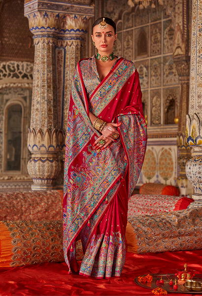 Monjolika Fashion Crimson Red Printed Silk Blend Embellished Saree