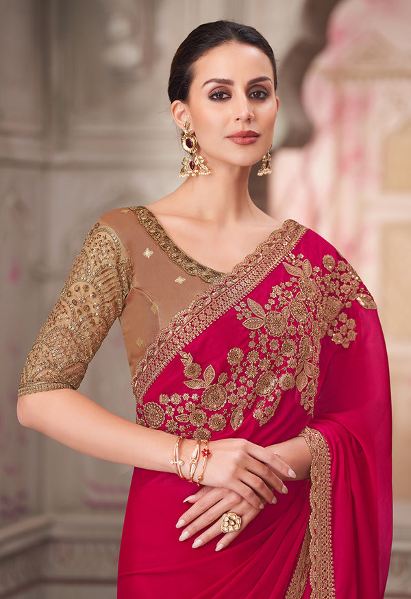 Monjolika Fashion Rani Pink Embroidered Sequins Satin Silk Classic Saree