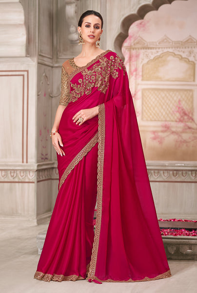 Monjolika Fashion Rani Pink Embroidered Sequins Satin Silk Classic Saree