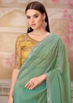 Thumbnail for Monjolika Fashion Sea Green Embroidered Sequins And Stone Work Satin Silk Contemporary Saree