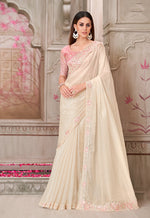 Thumbnail for Monjolika Fashion Embroidered Satin Silk Off White Designer Saree