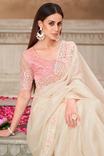 Thumbnail for Monjolika Fashion Embroidered Satin Silk Off White Designer Saree