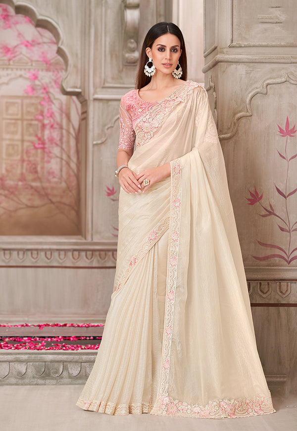 Monjolika Fashion Embroidered Satin Silk Off White Designer Saree