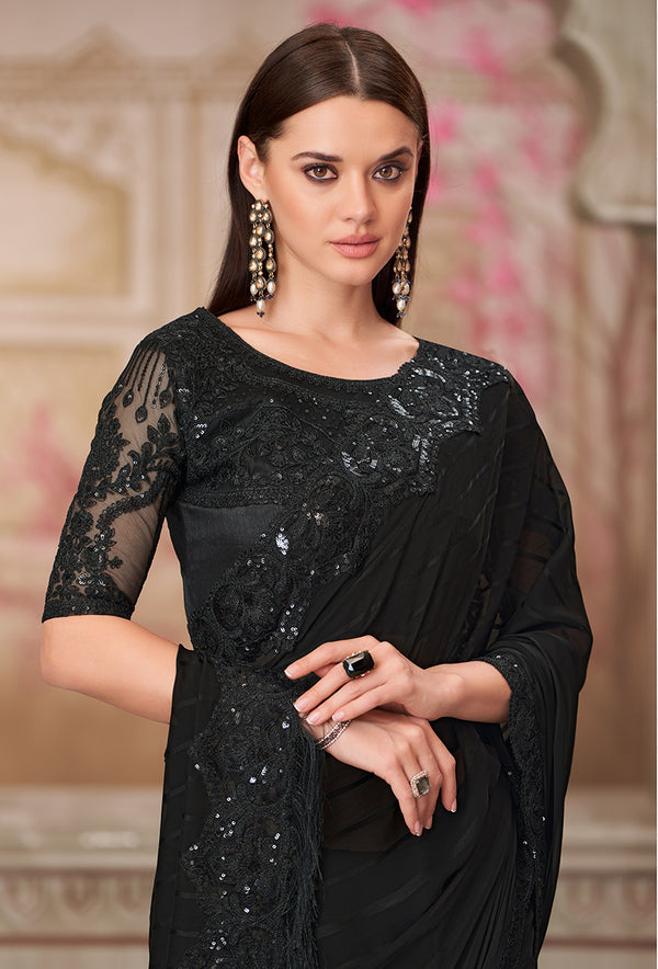 Monjolika Fashion Black Sequins Georgette Engagement Trendy Saree