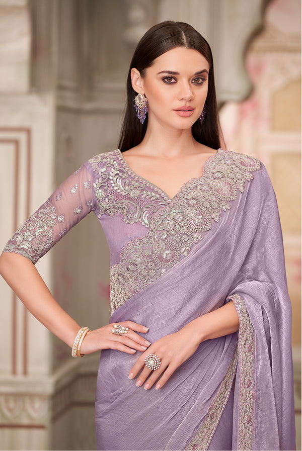 Monjolika Fashion Lavender Embroidered Chiffon Silk Engagement Classic Saree