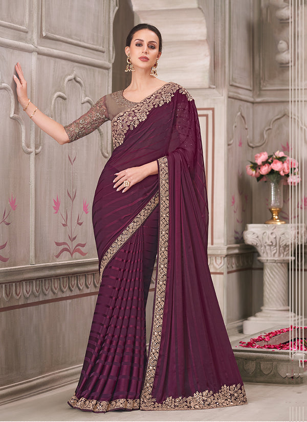 Monjolika Fashion Wine Georgette Silk Embroidered Sequins Contemporary Saree