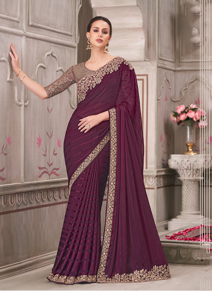 Monjolika Fashion Wine Georgette Silk Embroidered Sequins Contemporary Saree