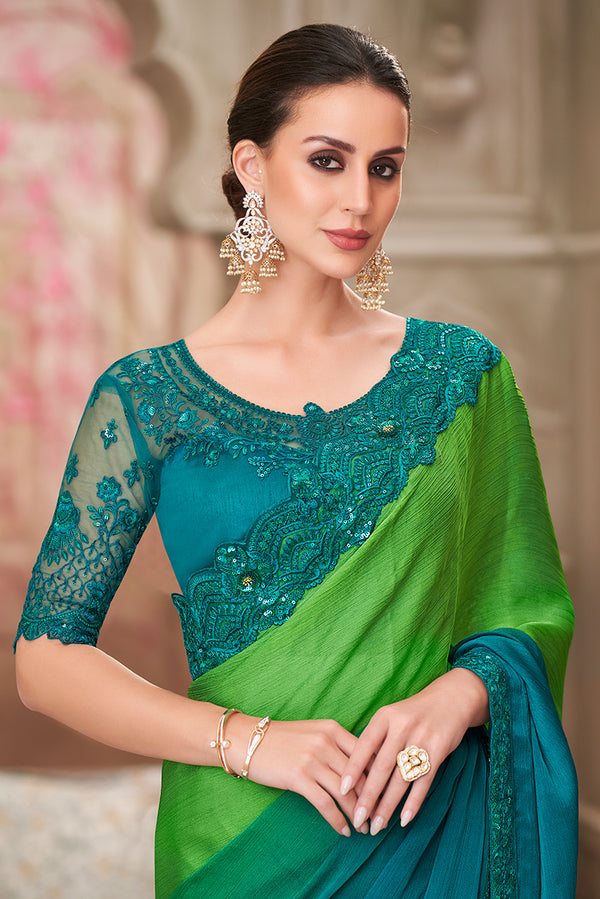 Monjolika Fashion Multi Colour Shaded Satin Chiffon Sequins Traditional Saree