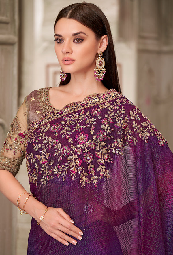 Monjolika Fashion Purple Satin Georgette Embroidered And Stone Work Trendy Saree