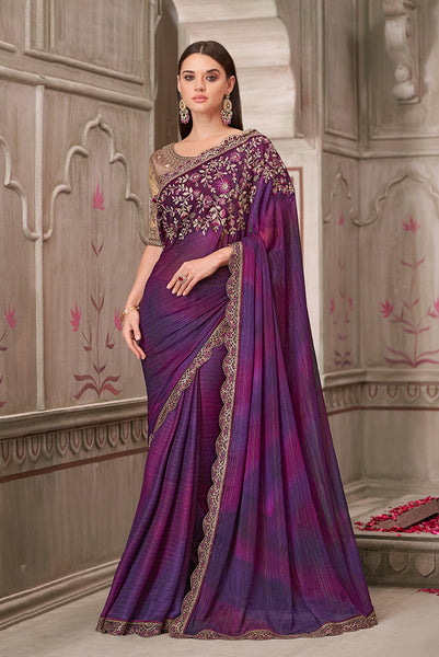 Monjolika Fashion Purple Satin Georgette Embroidered And Stone Work Trendy Saree