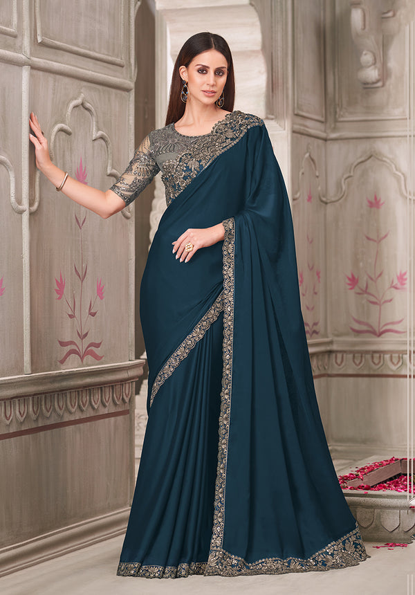 Monjolika Fashion Teal Satin Georgette Silk Embroidered Sequins Classic Saree