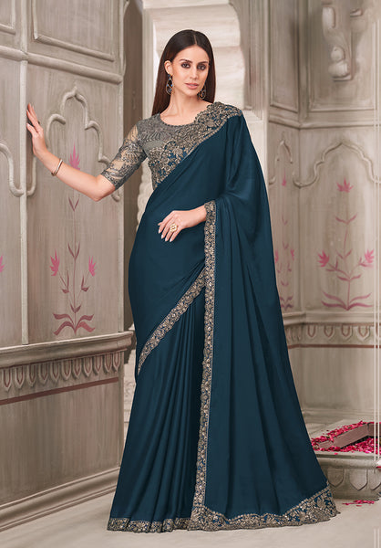 Monjolika Fashion Teal Satin Georgette Silk Embroidered Sequins Classic Saree
