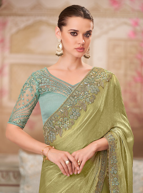 Monjolika Fashion Olive Chiffon Silk Embroidered Contemporary Saree