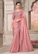 Thumbnail for Monjolika Fashion Pink Georgette Satin Embroidered Trendy Saree