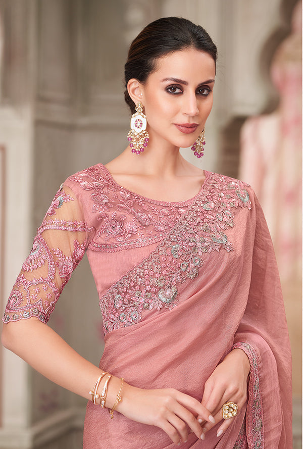 Monjolika Fashion Pink Georgette Satin Embroidered Trendy Saree