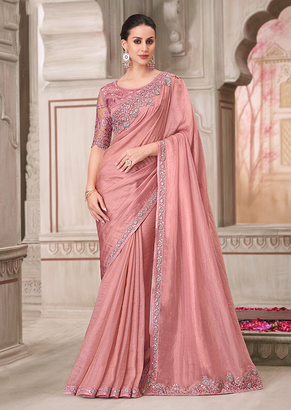 Monjolika Fashion Pink Georgette Satin Embroidered Trendy Saree