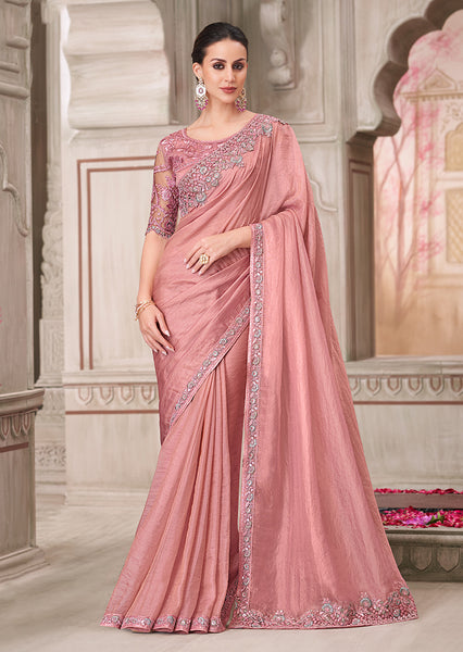 Monjolika Fashion Pink Georgette Satin Embroidered Trendy Saree