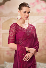 Thumbnail for Monjolika Fashion Burgundy Satin Silk Embroidered Sangeet Designer Saree