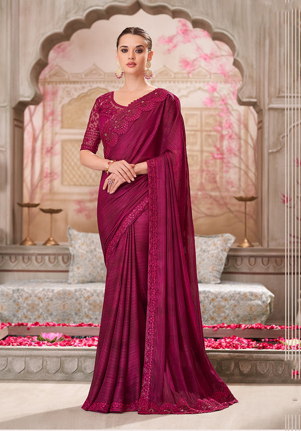 Monjolika Fashion Burgundy Satin Silk Embroidered Sangeet Designer Saree