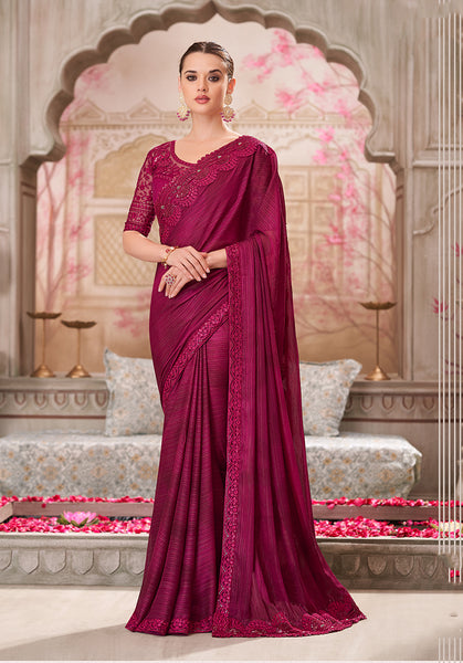 Monjolika Fashion Burgundy Satin Silk Embroidered Sangeet Designer Saree