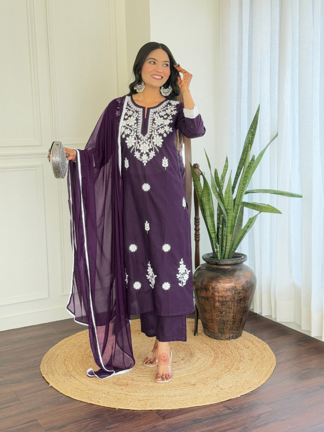 The52 Chikankari Work with Pure Cotton Fabric Straight Kurta, Pant and Dupatta Set