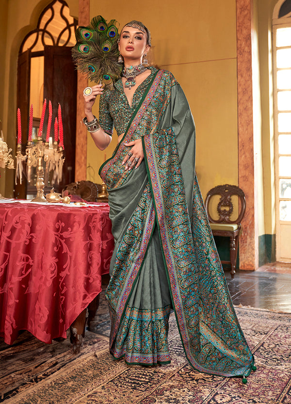 Monjolika Fashion Silk Blend Green Printed Contemporary Saree