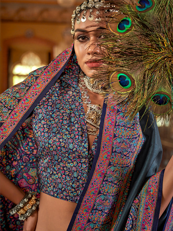 Monjolika Fashion Silk Blend Dark Grey Printed Contemporary Saree