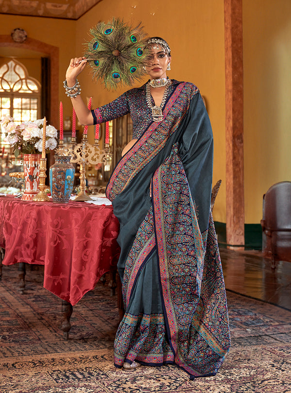 Monjolika Fashion Silk Blend Dark Grey Printed Contemporary Saree