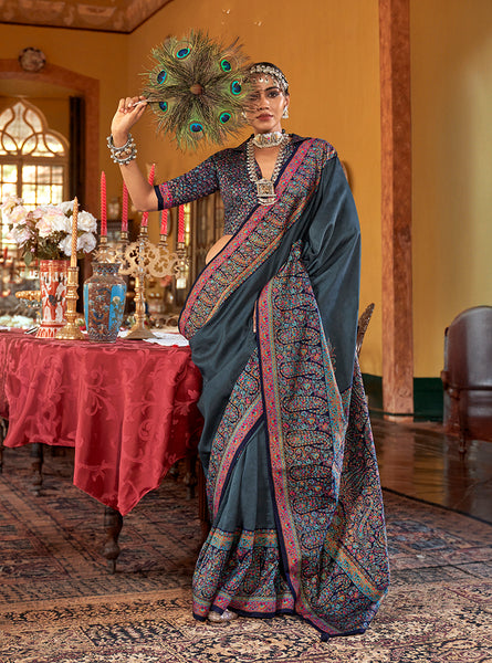 Monjolika Fashion Silk Blend Dark Grey Printed Contemporary Saree