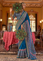 Thumbnail for Monjolika Fashion Silk Blend Blue Printed Contemporary Saree