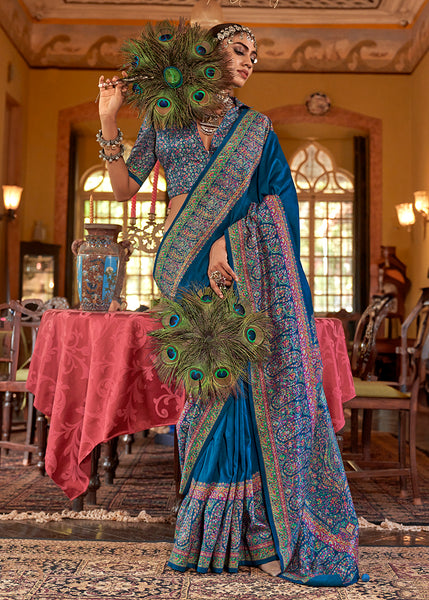 Monjolika Fashion Silk Blend Blue Printed Contemporary Saree