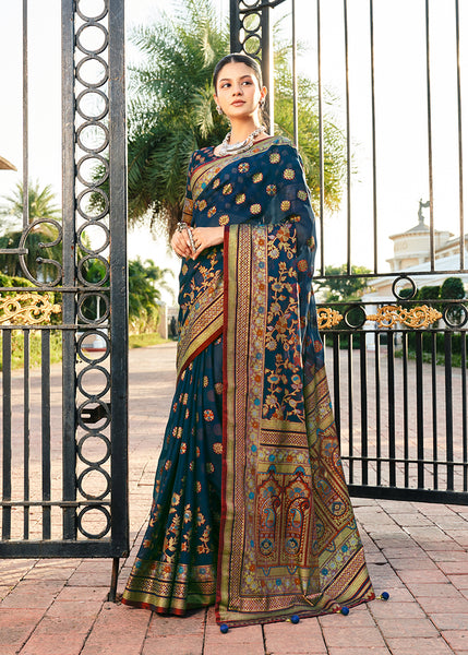 Monjolika Fashion Navy Blue Poly Viscose Georgette Meenakari Jaal Banarasi Saree