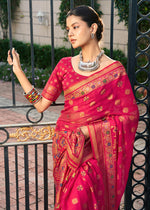 Thumbnail for Monjolika Fashion Rani Pink Poly Viscose Georgette Meenakari Jaal Banarasi Saree