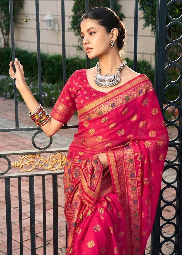 Monjolika Fashion Rani Pink Poly Viscose Georgette Meenakari Jaal Banarasi Saree