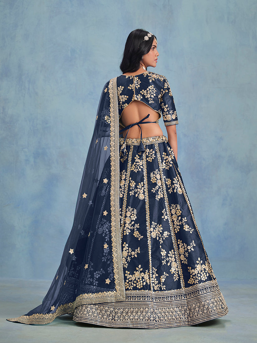 Monjolika Fashion Navy Blue Art Silk Designer Wedding Lehenga Choli