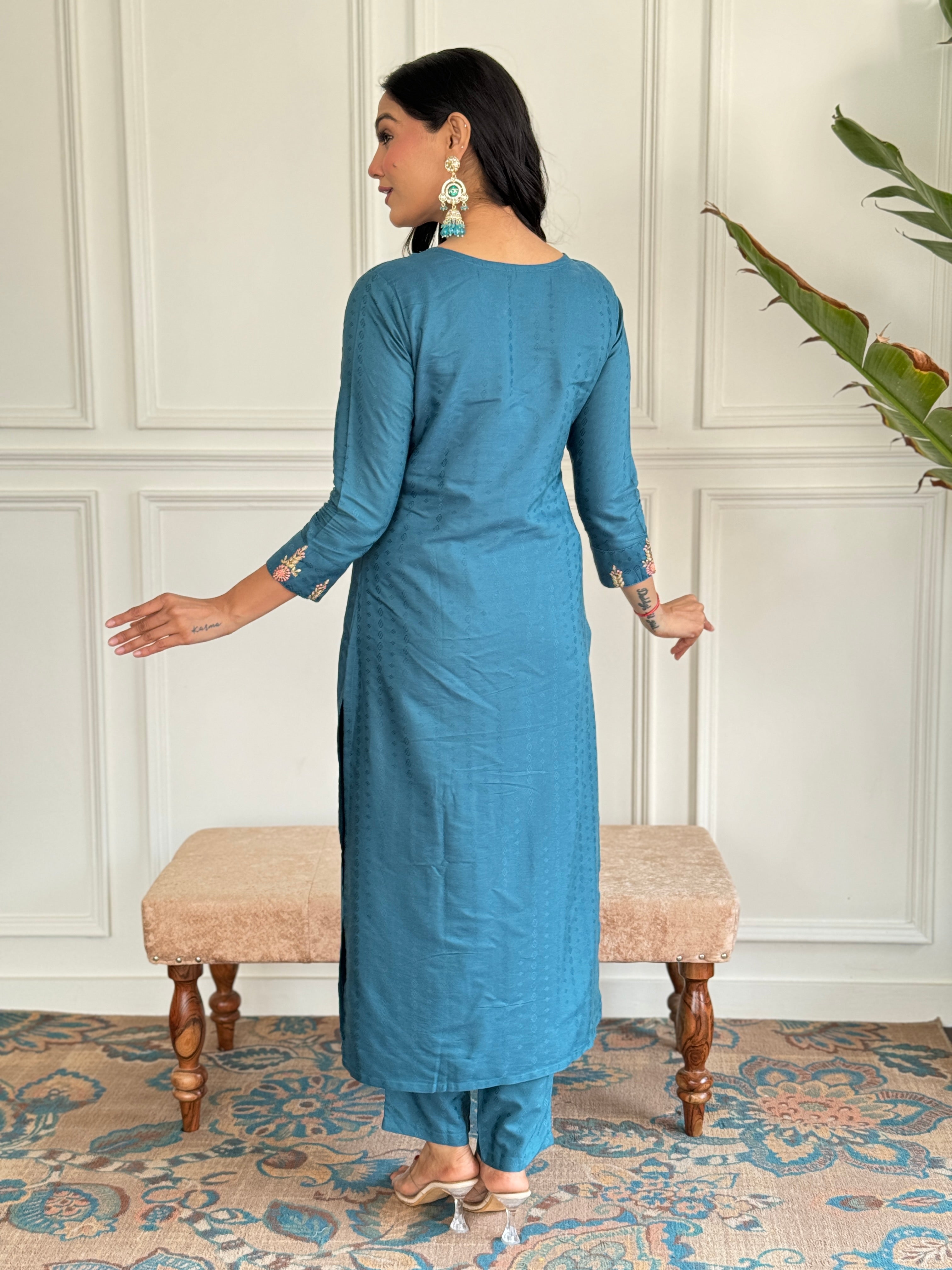 The52 Rama Embroidered Viscose Blend Fabric Straight Kurta, Pant and Dupatta Set