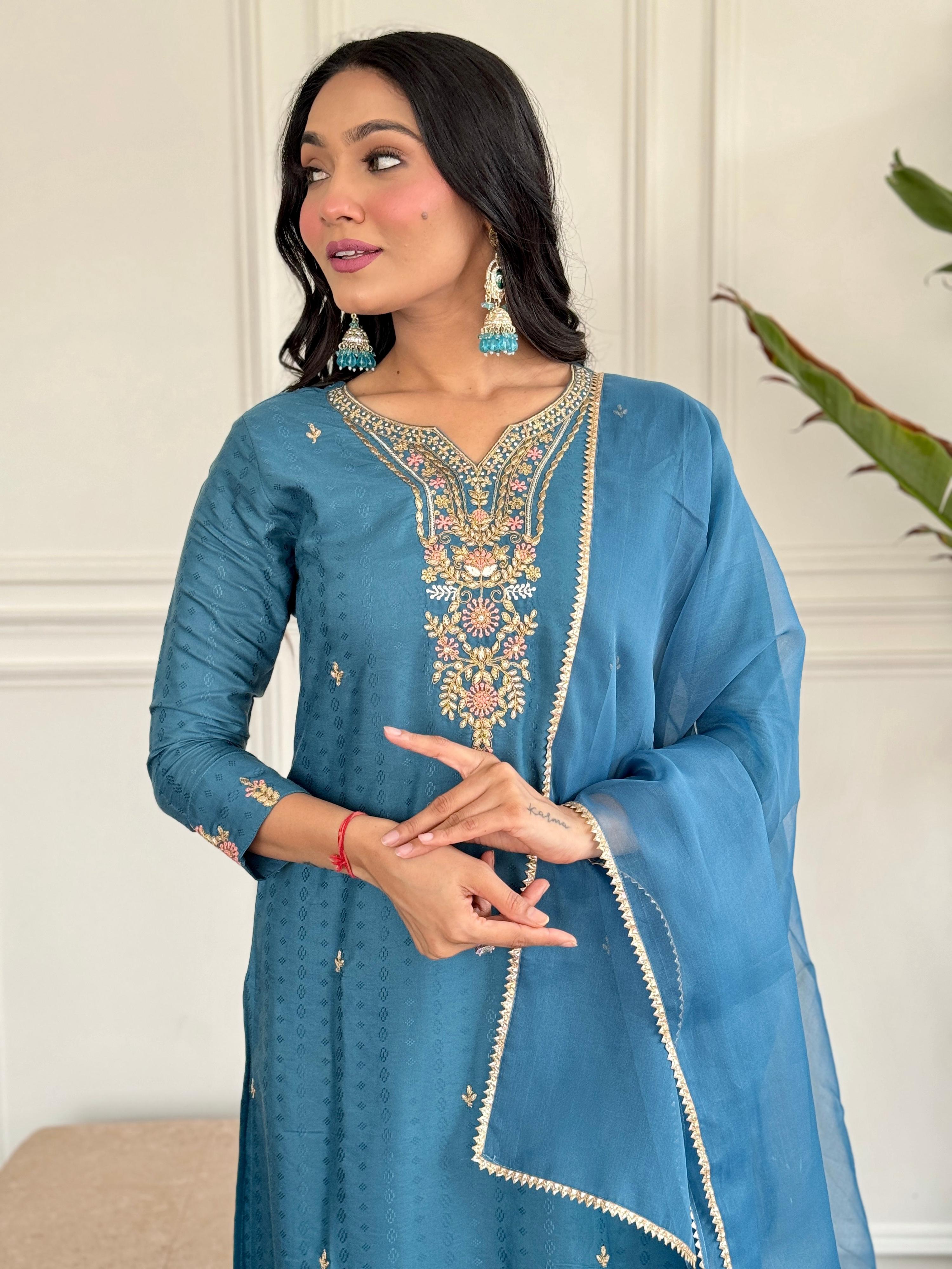 The52 Rama Embroidered Viscose Blend Fabric Straight Kurta, Pant and Dupatta Set