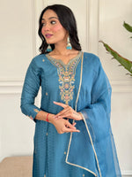 Thumbnail for The52 Rama Embroidered Viscose Blend Fabric Straight Kurta, Pant and Dupatta Set