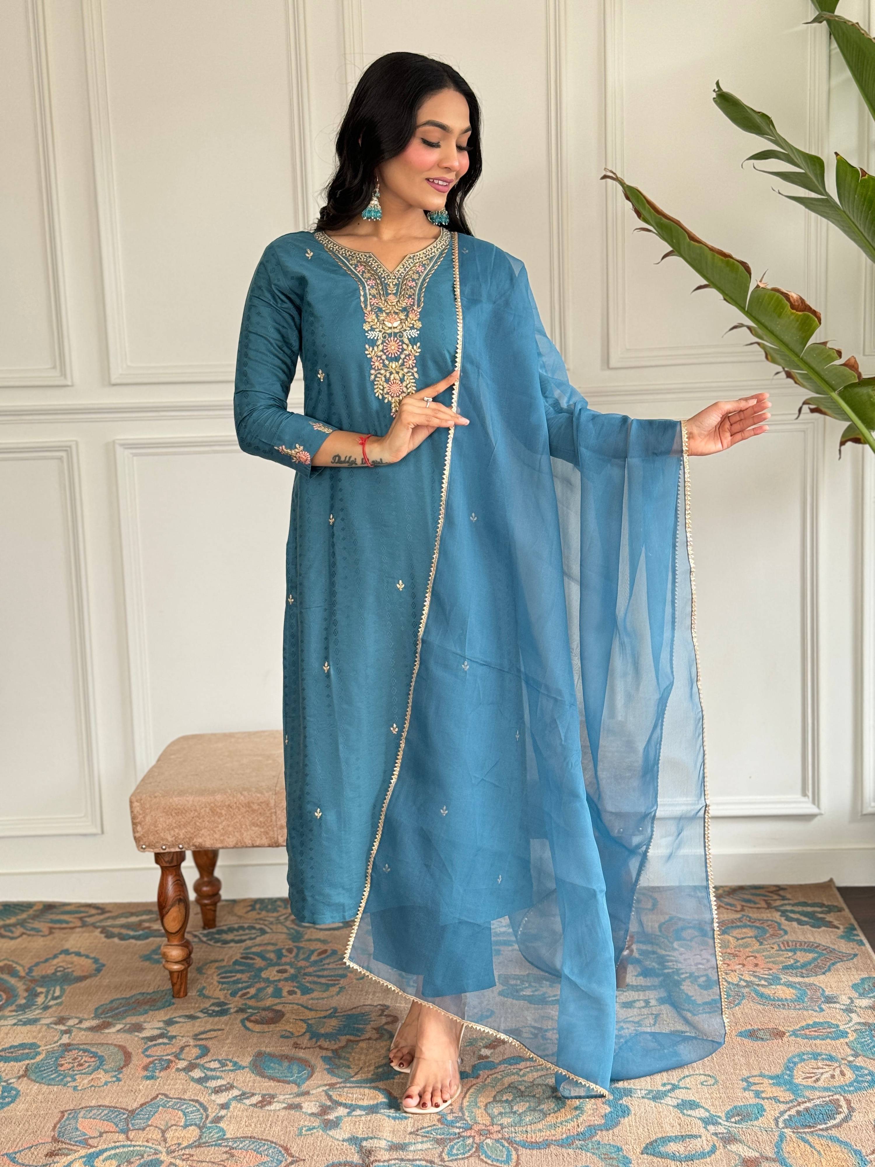 The52 Rama Embroidered Viscose Blend Fabric Straight Kurta, Pant and Dupatta Set
