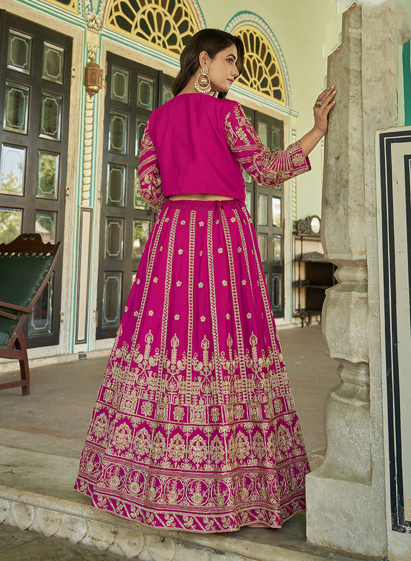 Monjolika Fashion Magenta Chinnon Heavy Embroidered Koti Style Lehenga Choli