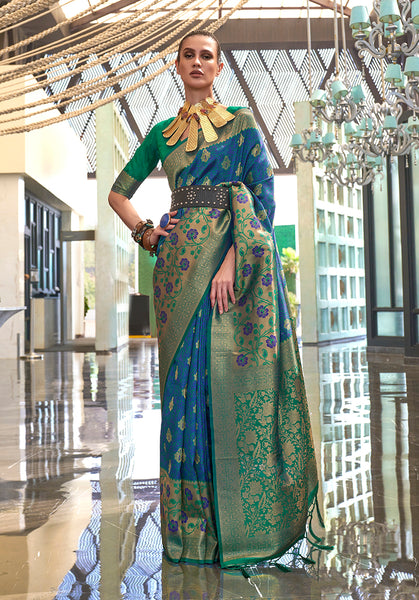 Monjolika Fashion Weaving Handloom Silk Blend Trendy Saree In Blue And Green