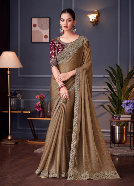 Monjolika Fashion Brown Embroidered Double Tone Silk Blend Designer Saree