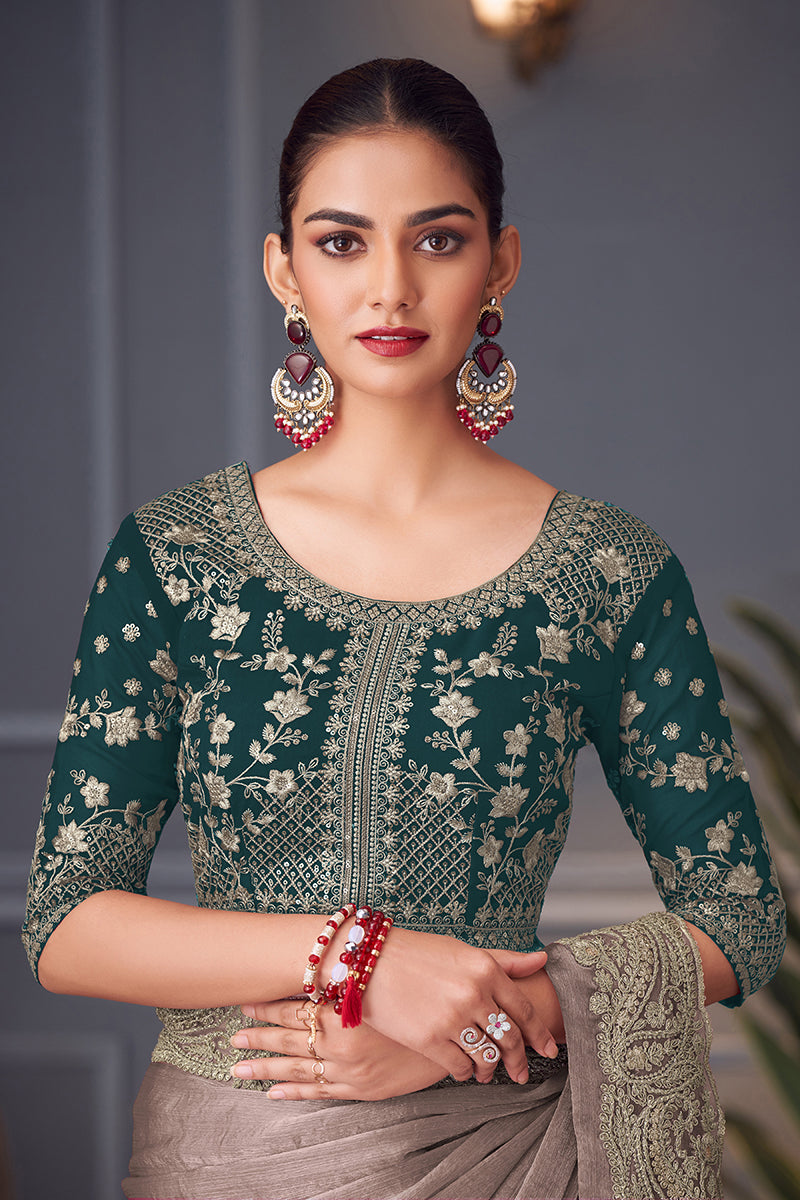 Monjolika Fashion Grey Embroidered Double Tone Silk Blend Designer Saree